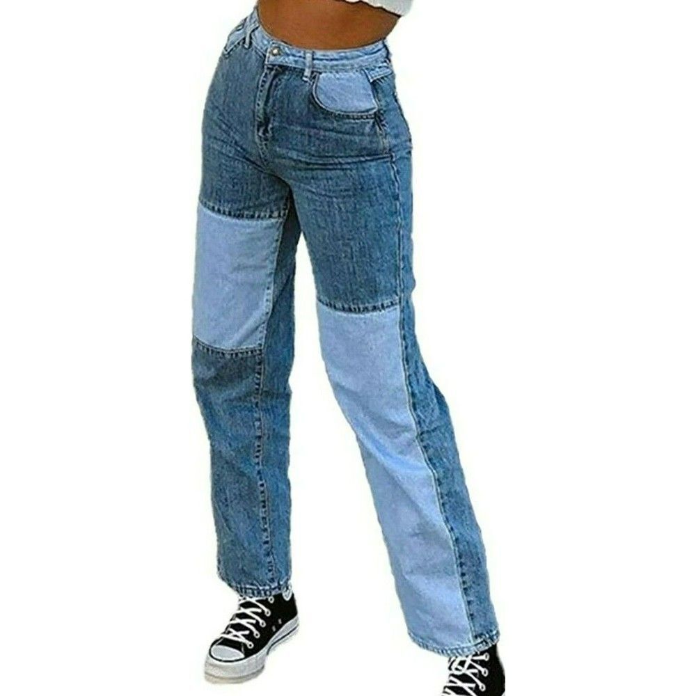 Blue Jeans Medium Patchwork High Waisted Straight Leg Denim